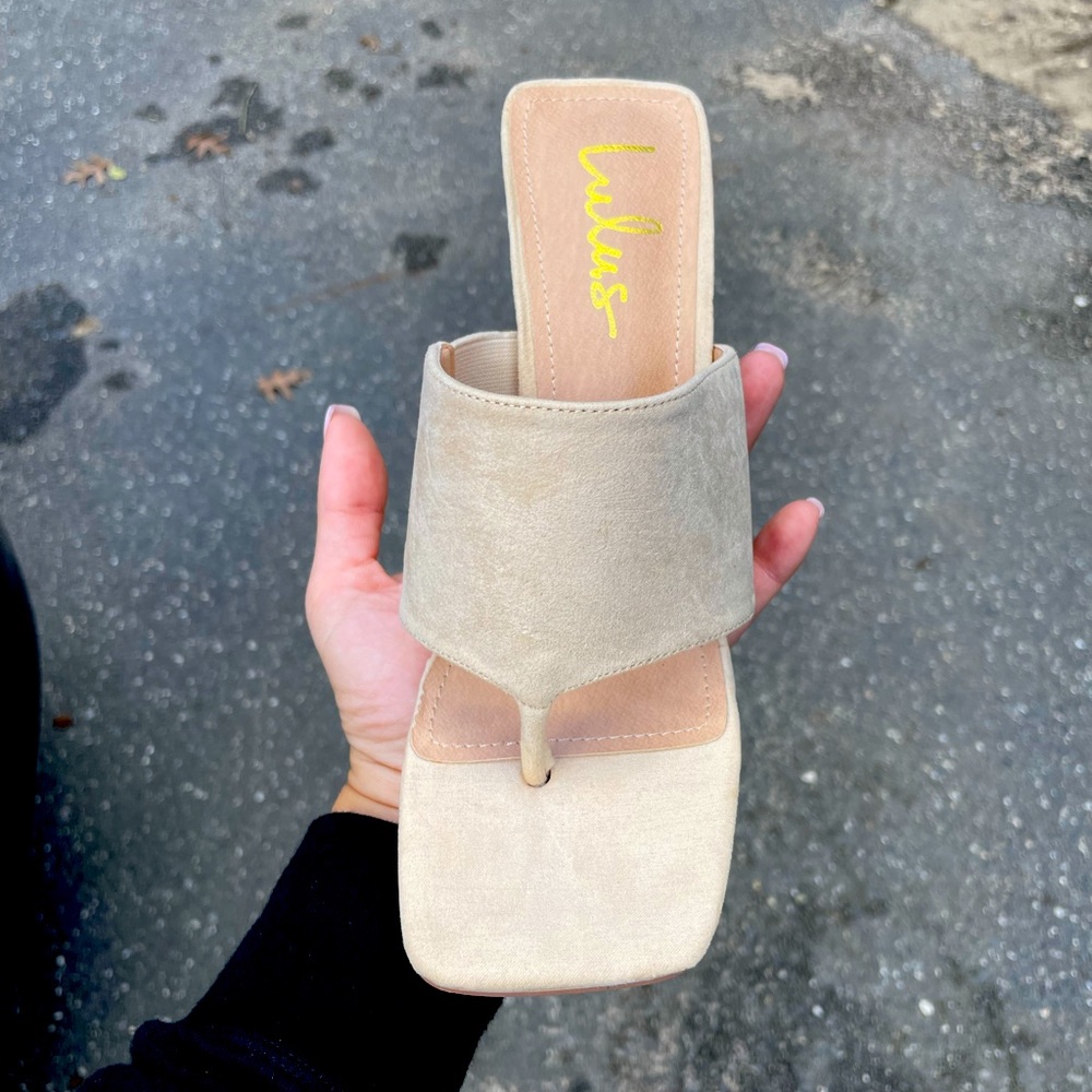 Nude suede lulus thong heels!
